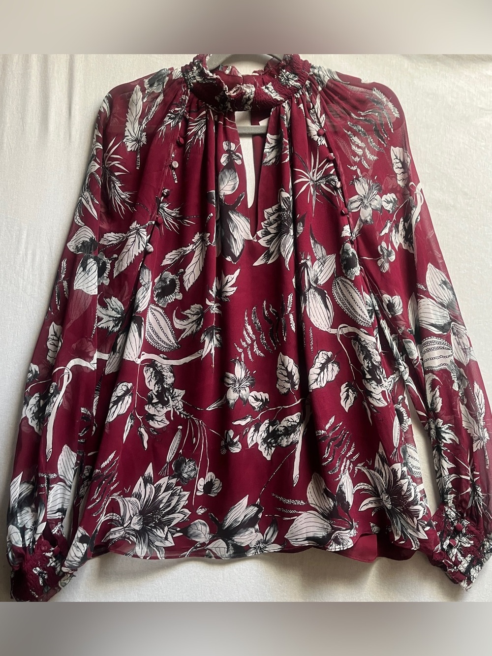 Parker Silk Floral Keyhole Chiffon Bishop Sleeve Blouse L